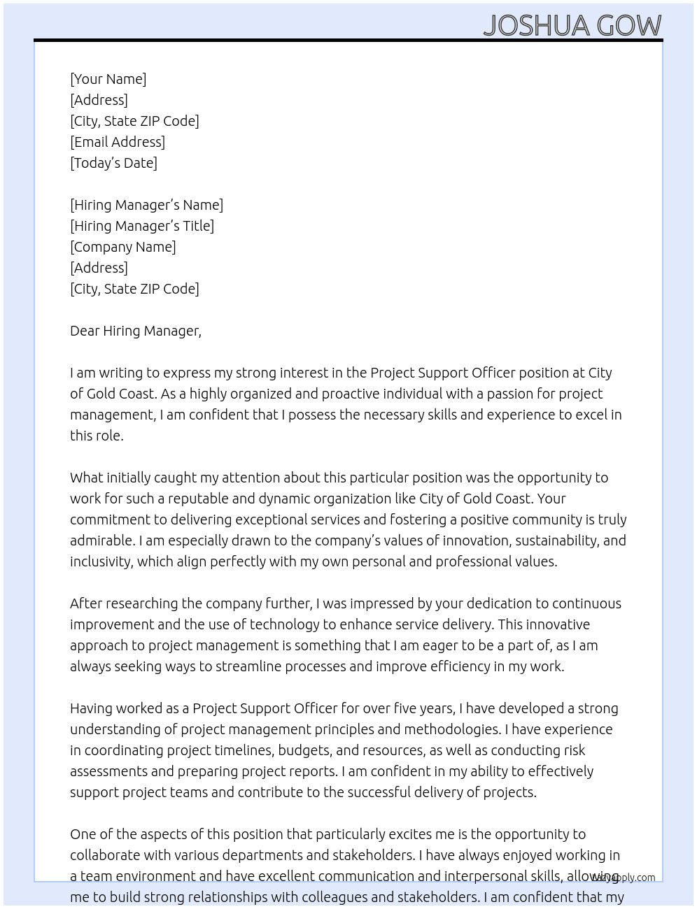 Project Support Officer At City of Gold Coast Cover Letter