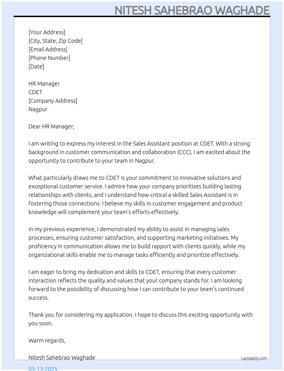 Sales assistant  At CDET Cover Letter