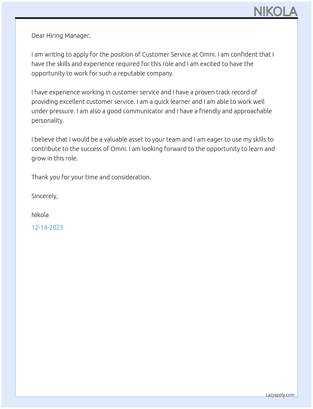 Customer Service At Omni Cover Letter