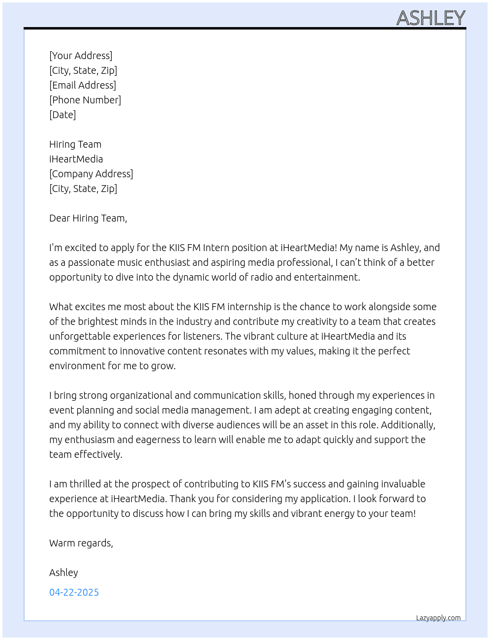 KIIS FM Intern At iHeartMedia Cover Letter