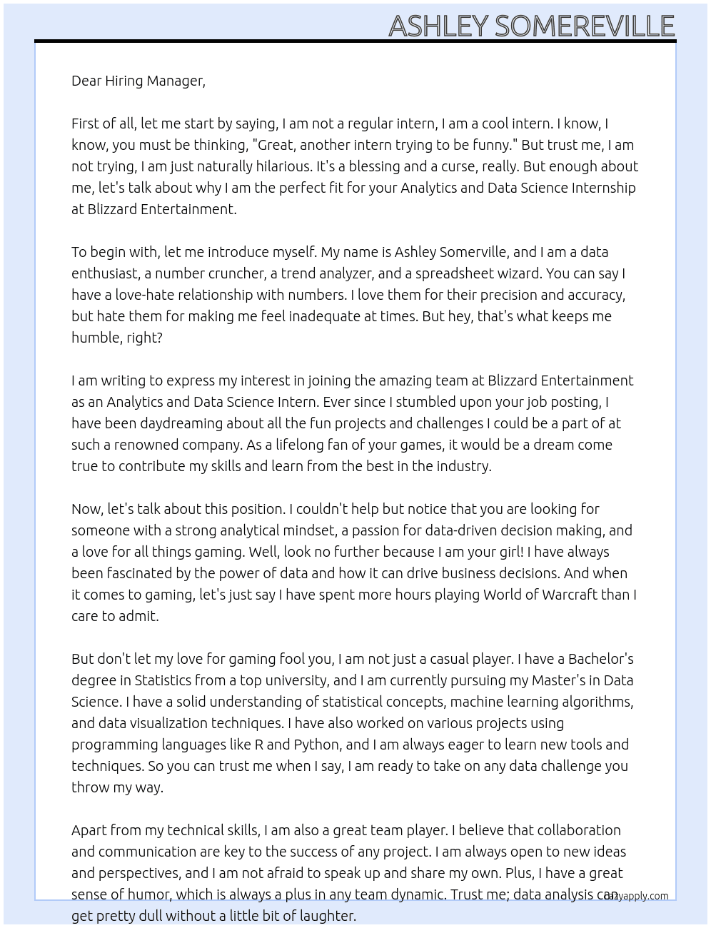 Analytics and Data Science Internship At Blizzard Entertainment Cover Letter