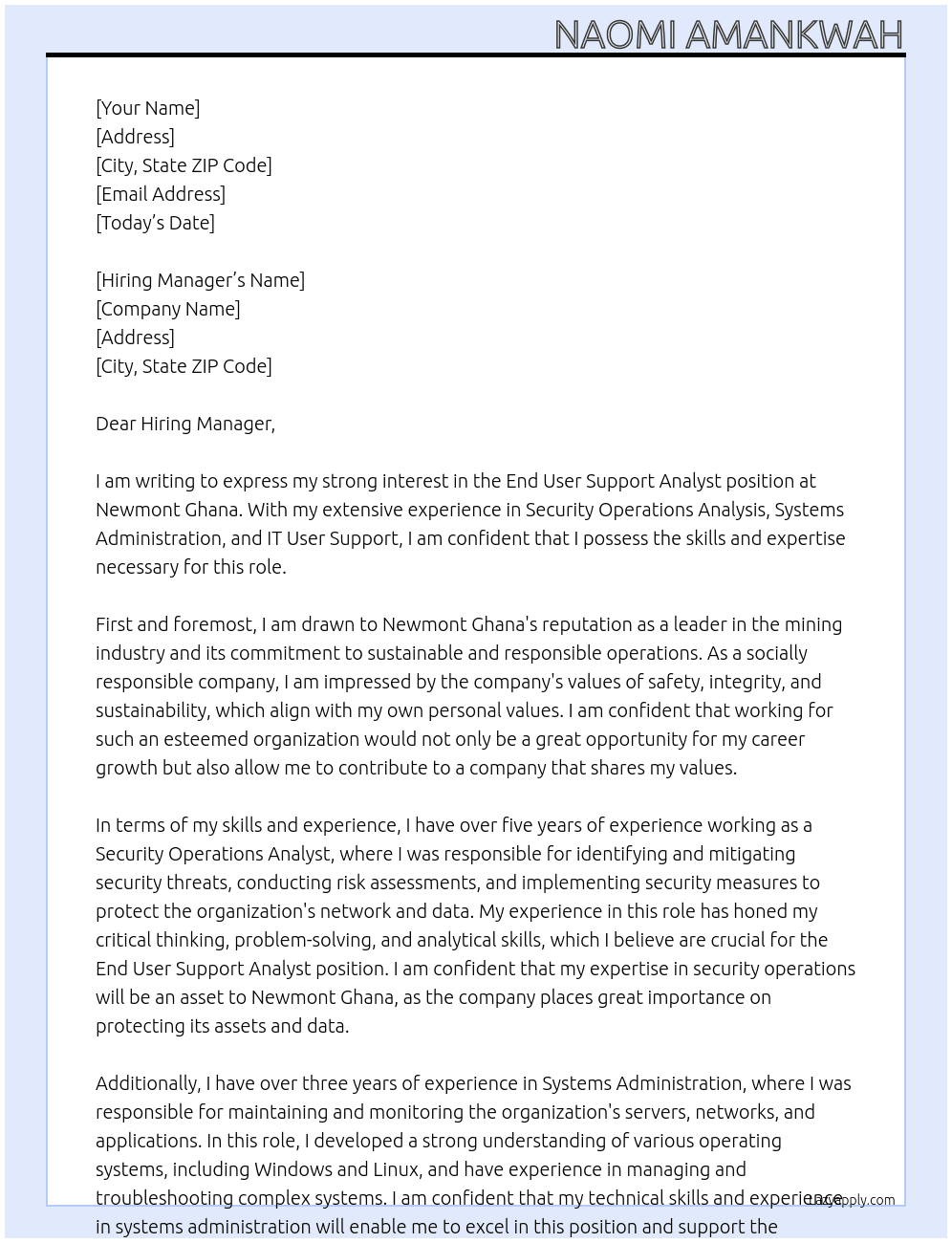 End User Support Analyst At NEWMONT GHANA Cover Letter