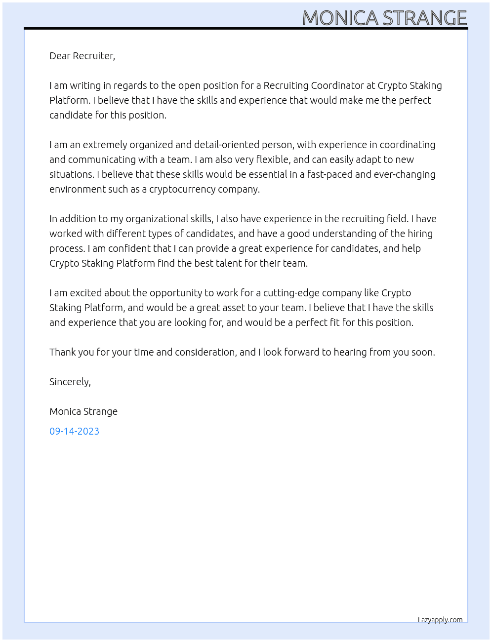 Recruiting Coordinator Crypto Staking Platform At CryptoRecruit Cover Letter