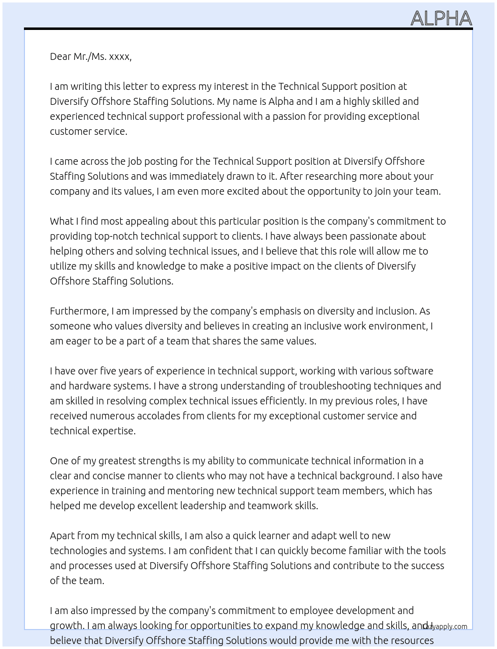 technical support At Diversify Offshore Staffing Solutions Cover Letter
