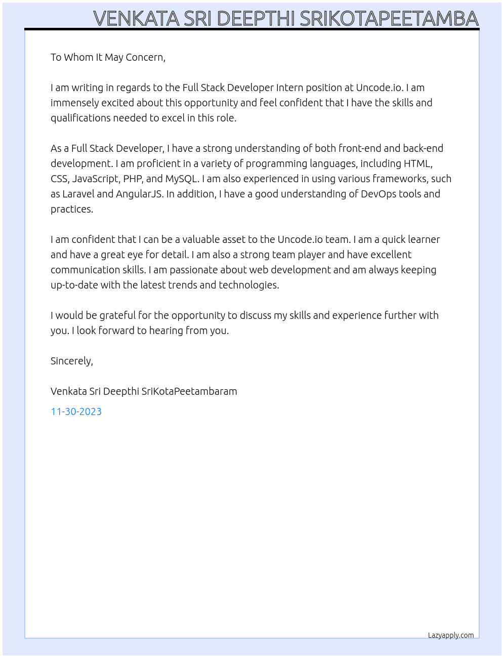 Full Stack Developer Intern At Uncode.io Cover Letter