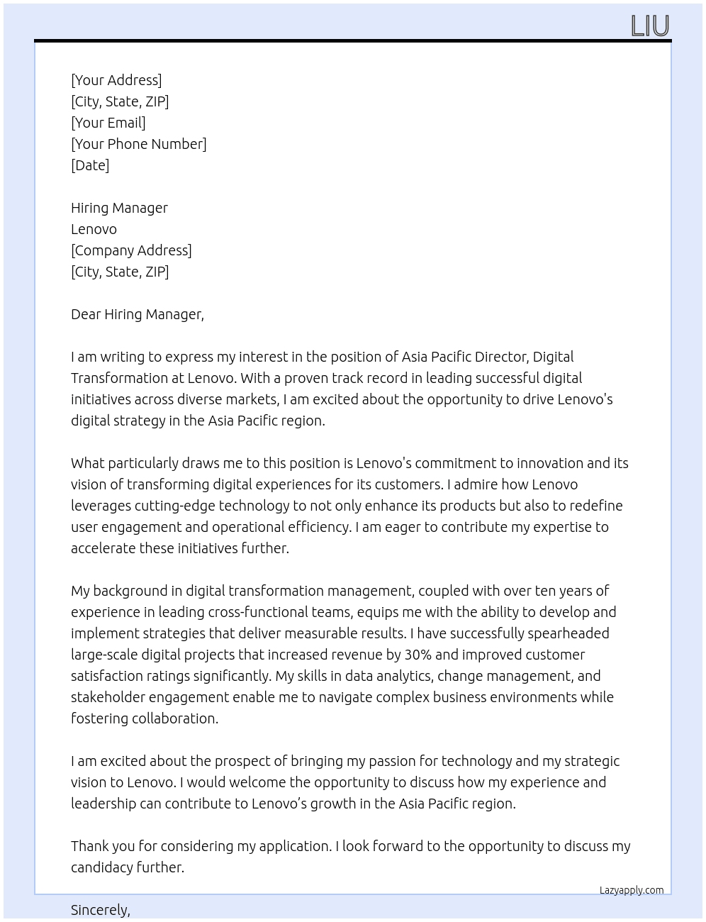 Asia Pacific Director, Digital Transformation At Lenovo Cover Letter