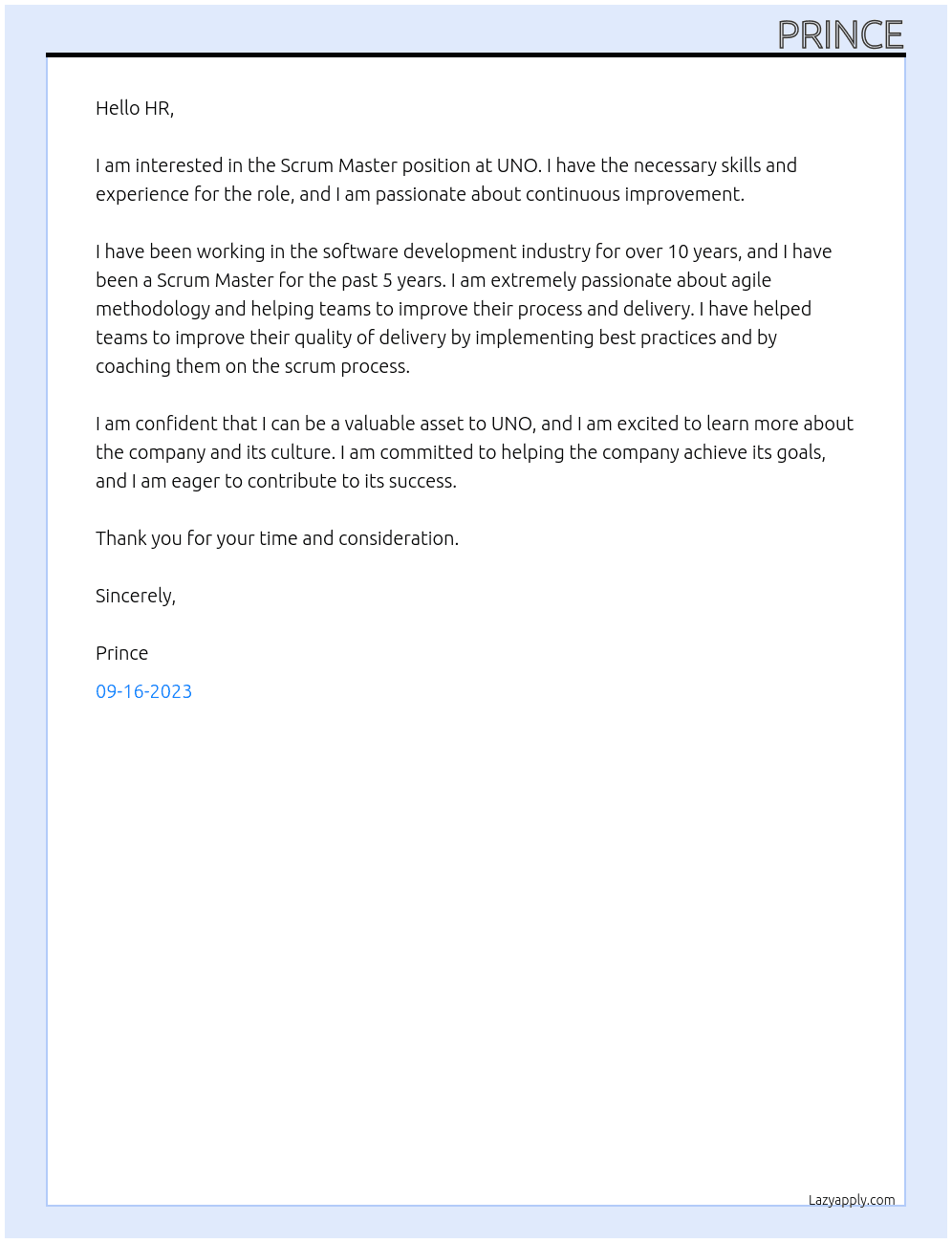 Scrum Master At UNO Cover Letter