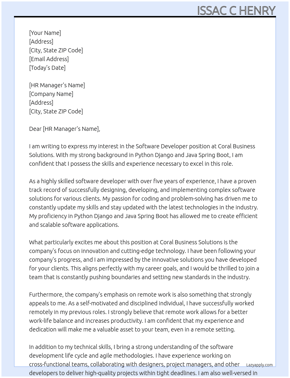 Software developer At Coral business solution  Cover Letter