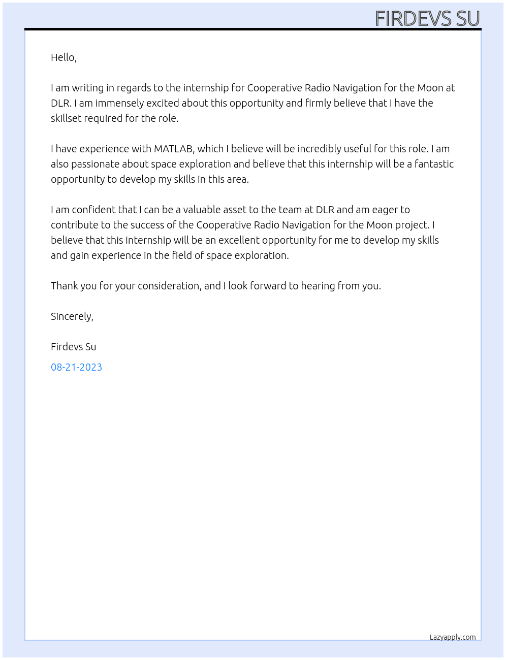 Internship for Cooperative Radio Navigation for the Moon  At DLR Cover Letter