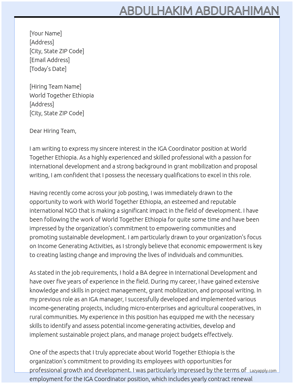 IGA Coordinator  At World Together Ethiopia Cover Letter