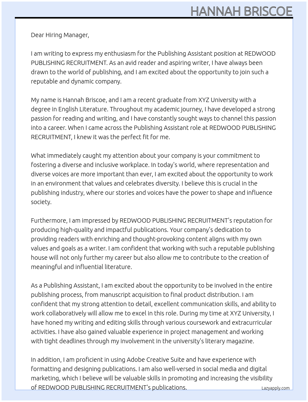 Publishing Assistant At REDWOOD PUBLISHING RECRUITMENT Cover Letter