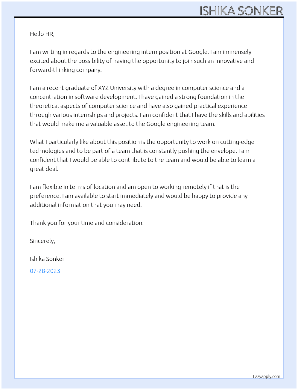 Engineering Intern At Google  Cover Letter