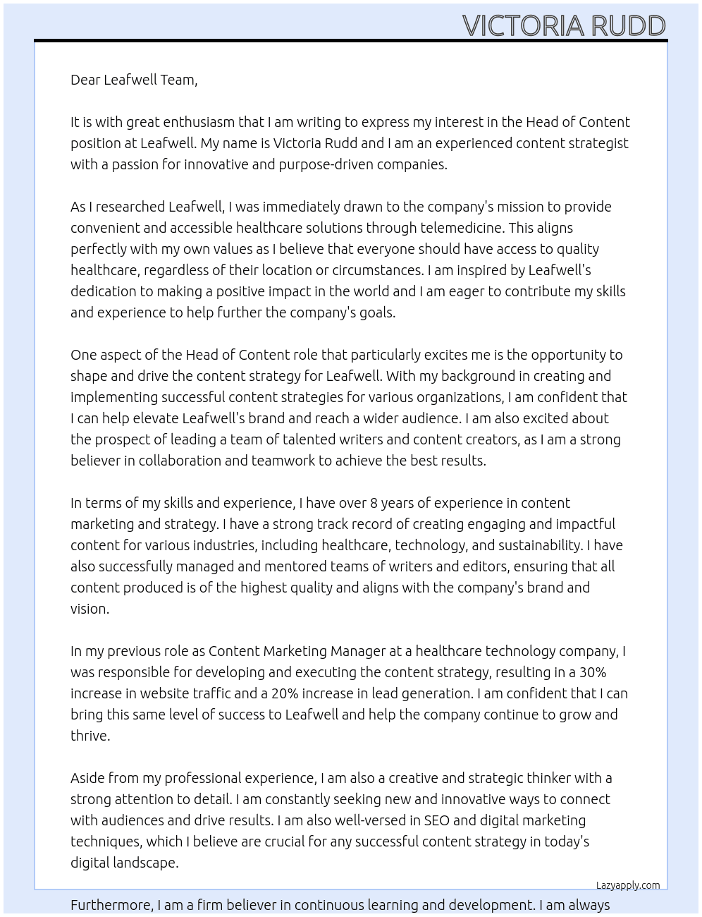 Head of Content At Leafwell Cover Letter