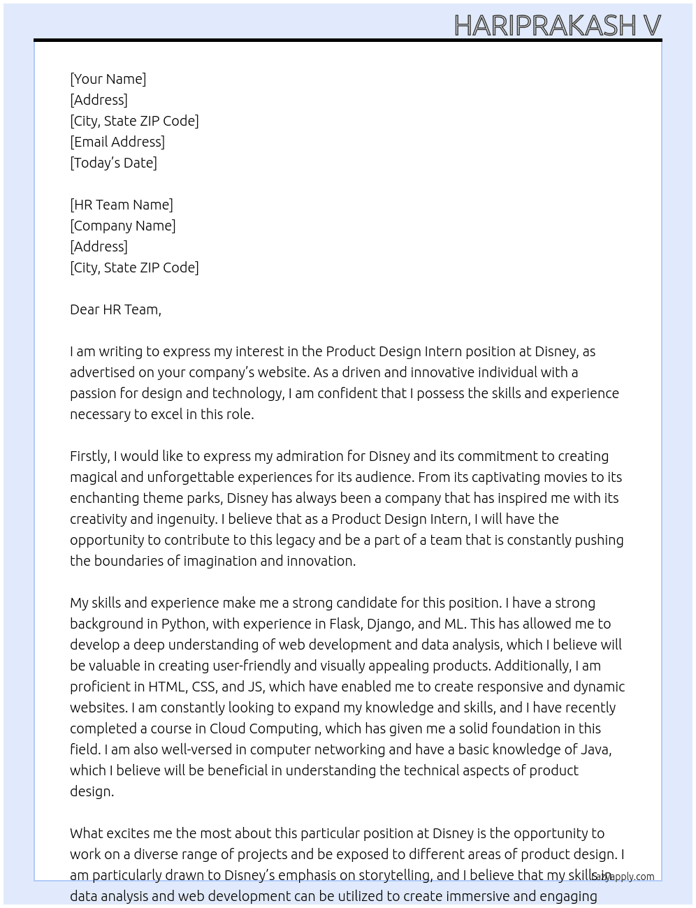 Product Design Intern At Disney Cover Letter
