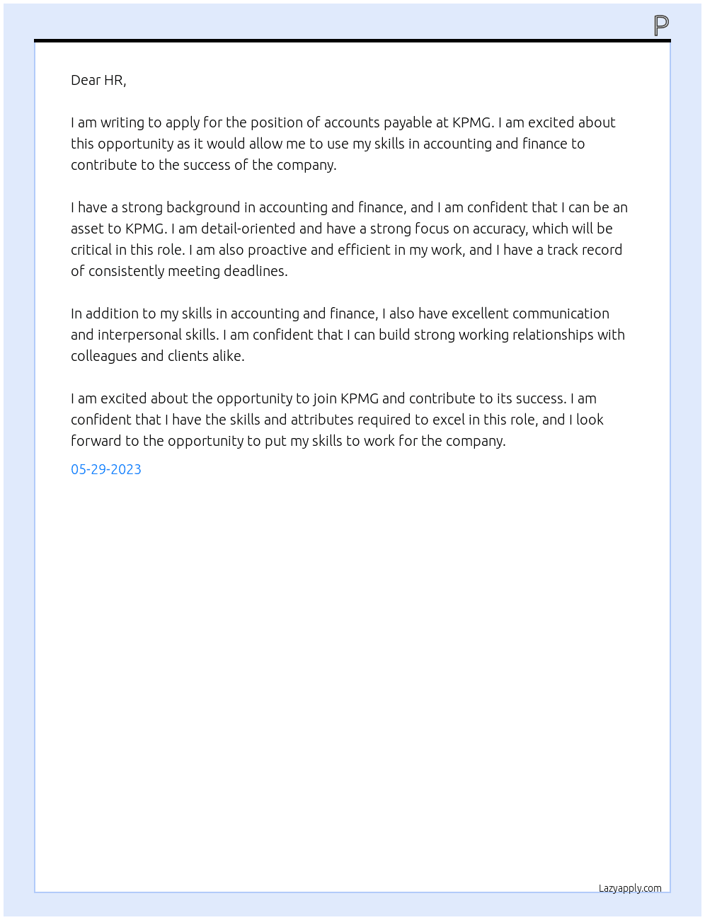 accounts payable At KPMG Cover Letter