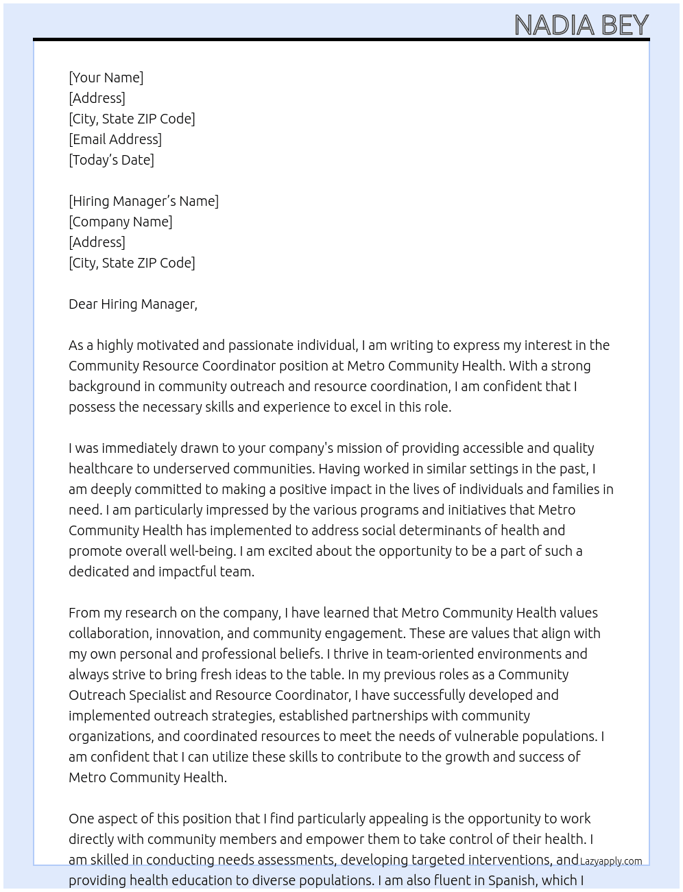 Community Resource Coordinator At Metro Community Health  Cover Letter