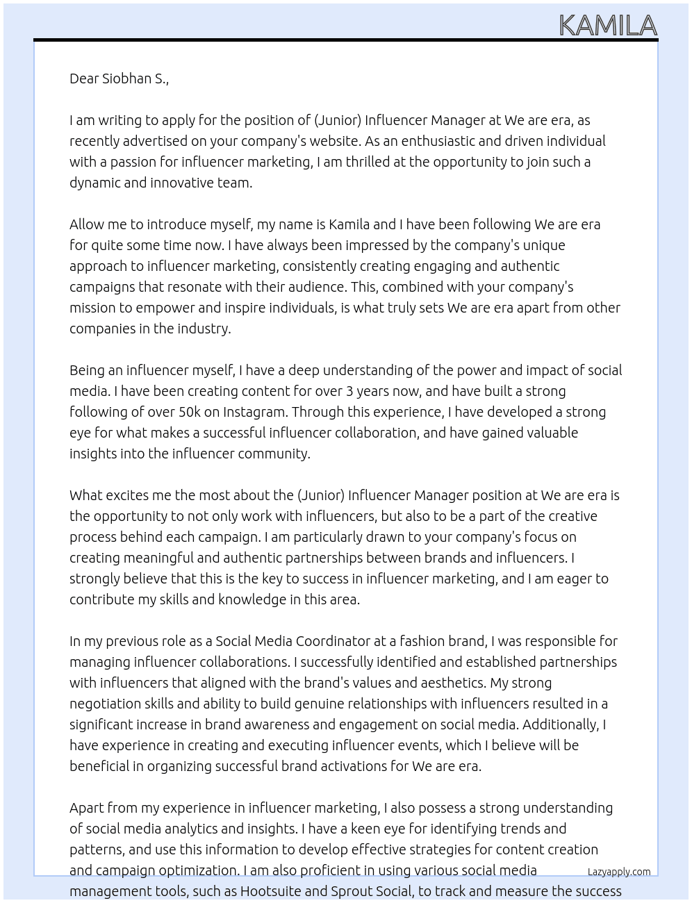 (Junior) Influencer Manager At We are era Cover Letter