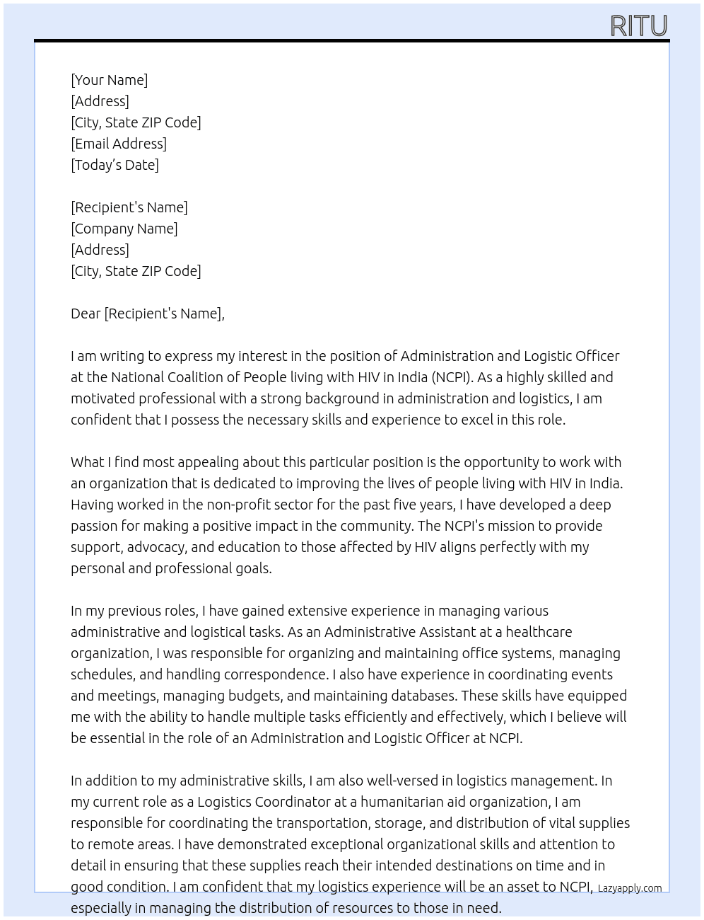 Administration and logistic officer  At National Coalition of People living with HIV in India Cover Letter