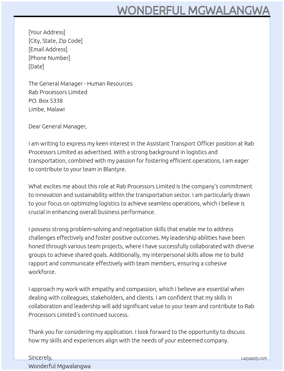 ASSISTANT TRANSPORT OFFICER At RAB PROCESSORS LIMITED Cover Letter