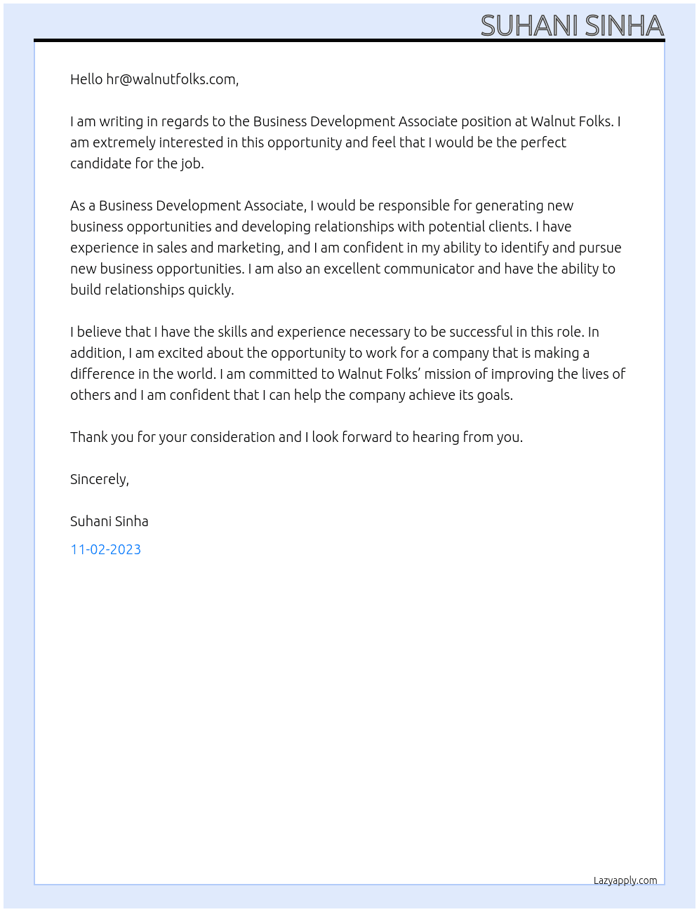 business development associate At walnut folks Cover Letter
