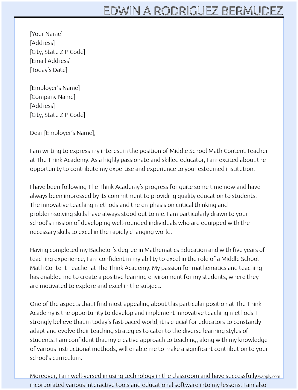 Cover letter for middle school math content teacher - LazyApply