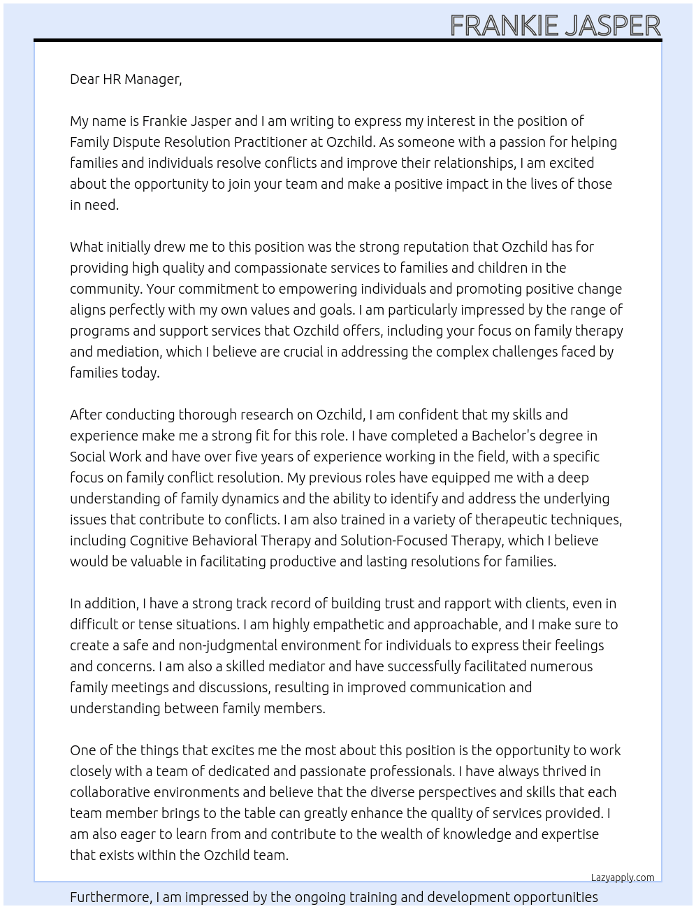 Family Dispute Resolution Practitioner At Ozchild Cover Letter