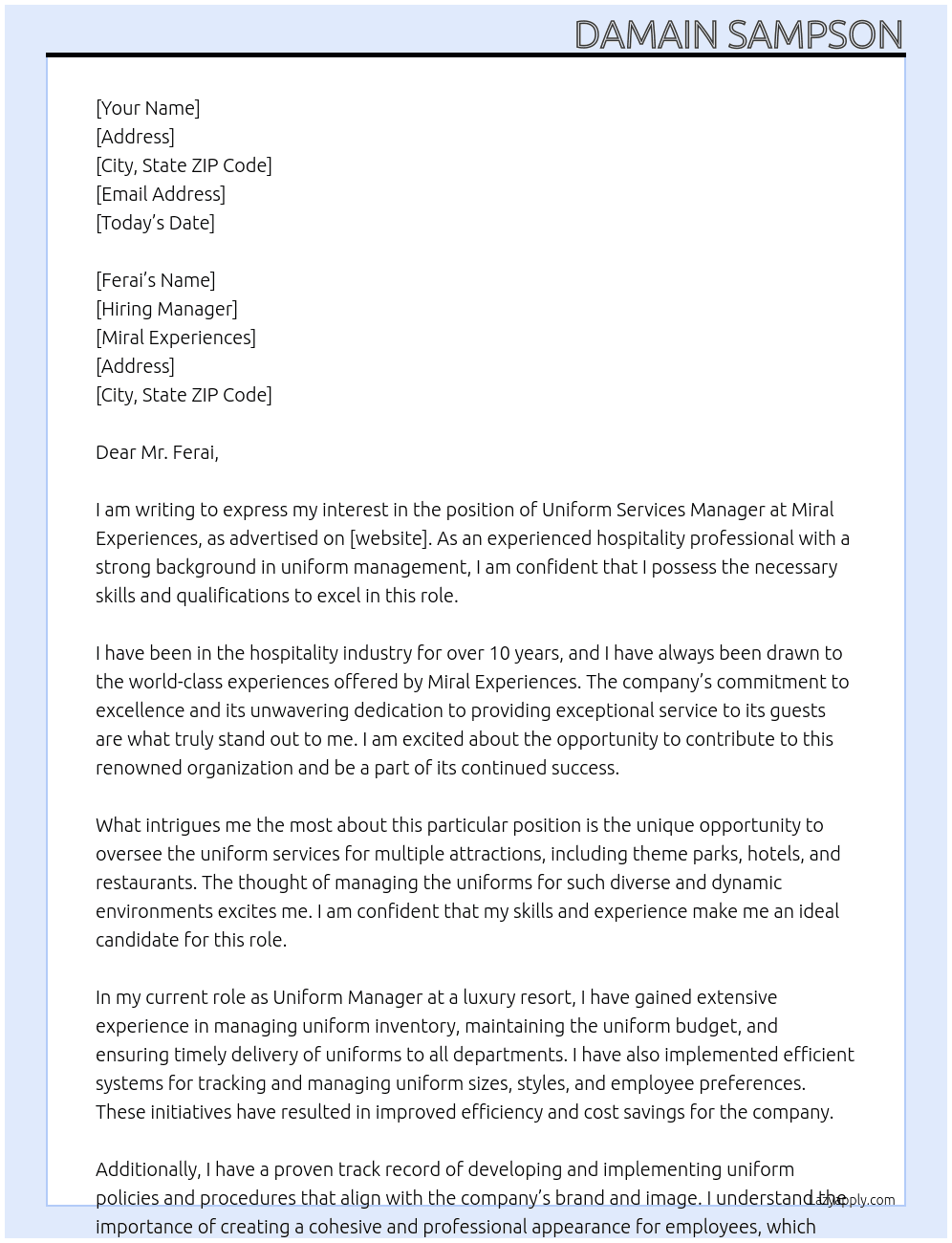 Uniform Services Manager At Miral Experiences Cover Letter