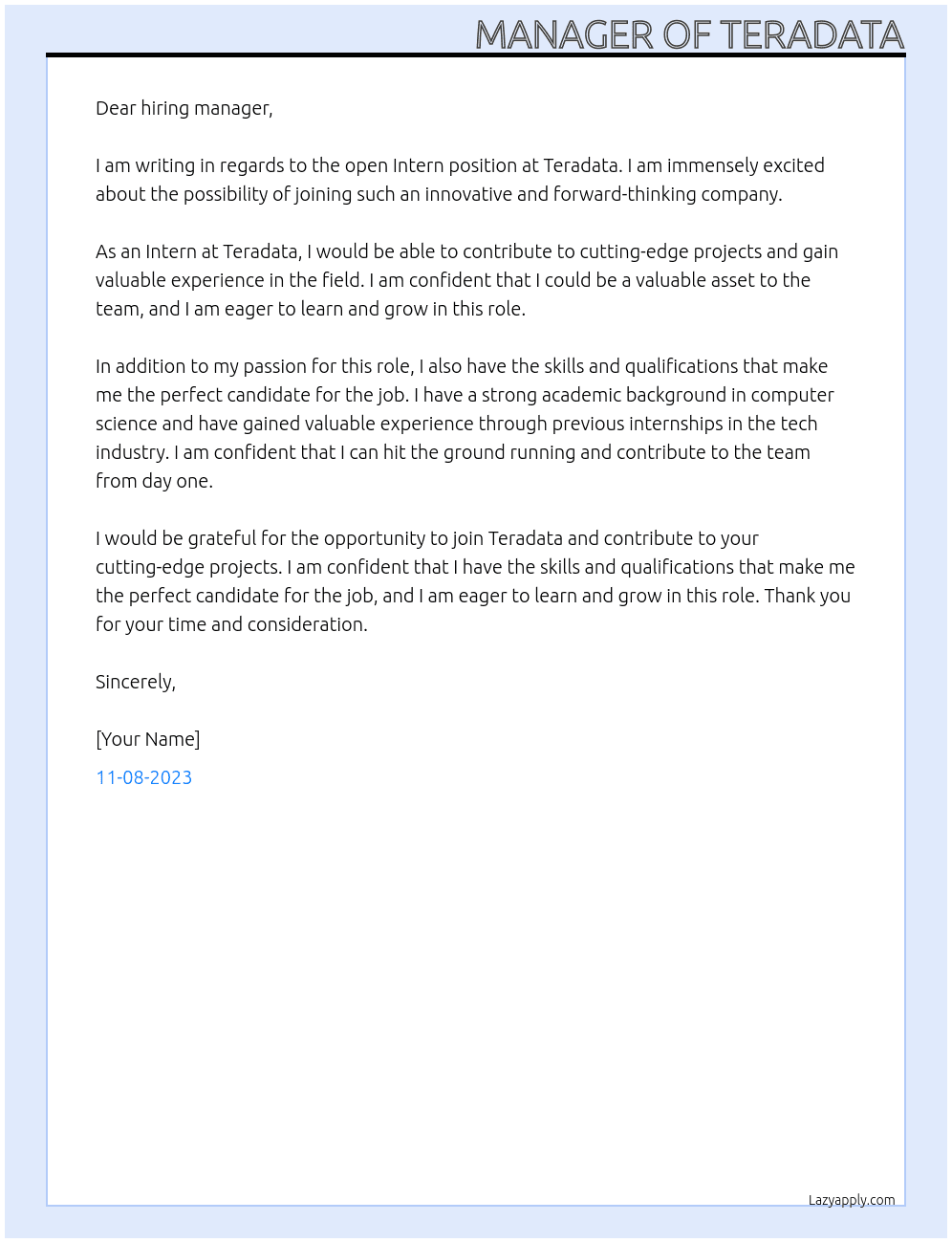INTERN At TERADATA Cover Letter