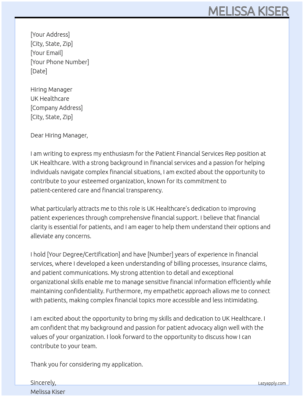 Patient Financial Services Rep At UK Healthcare Cover Letter