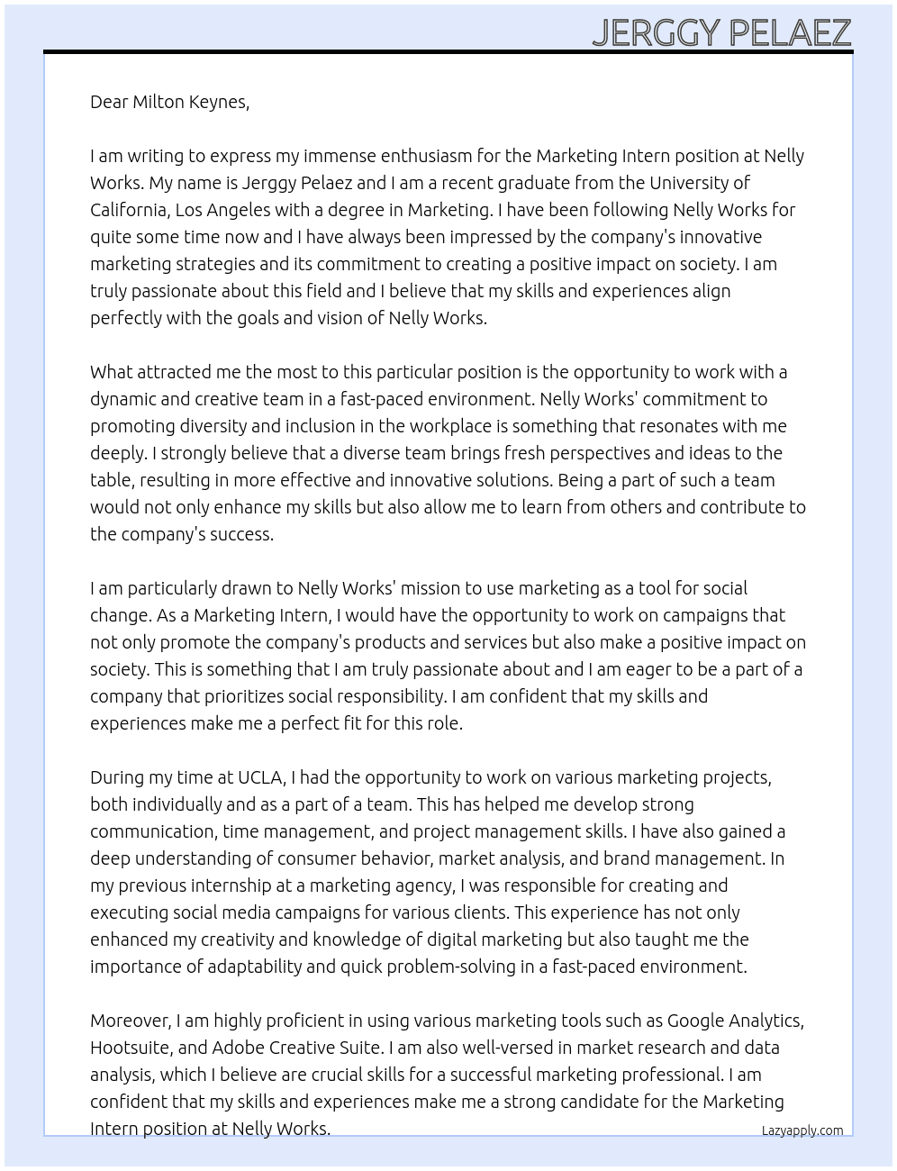 Marketing Intern At Nelly Works Cover Letter