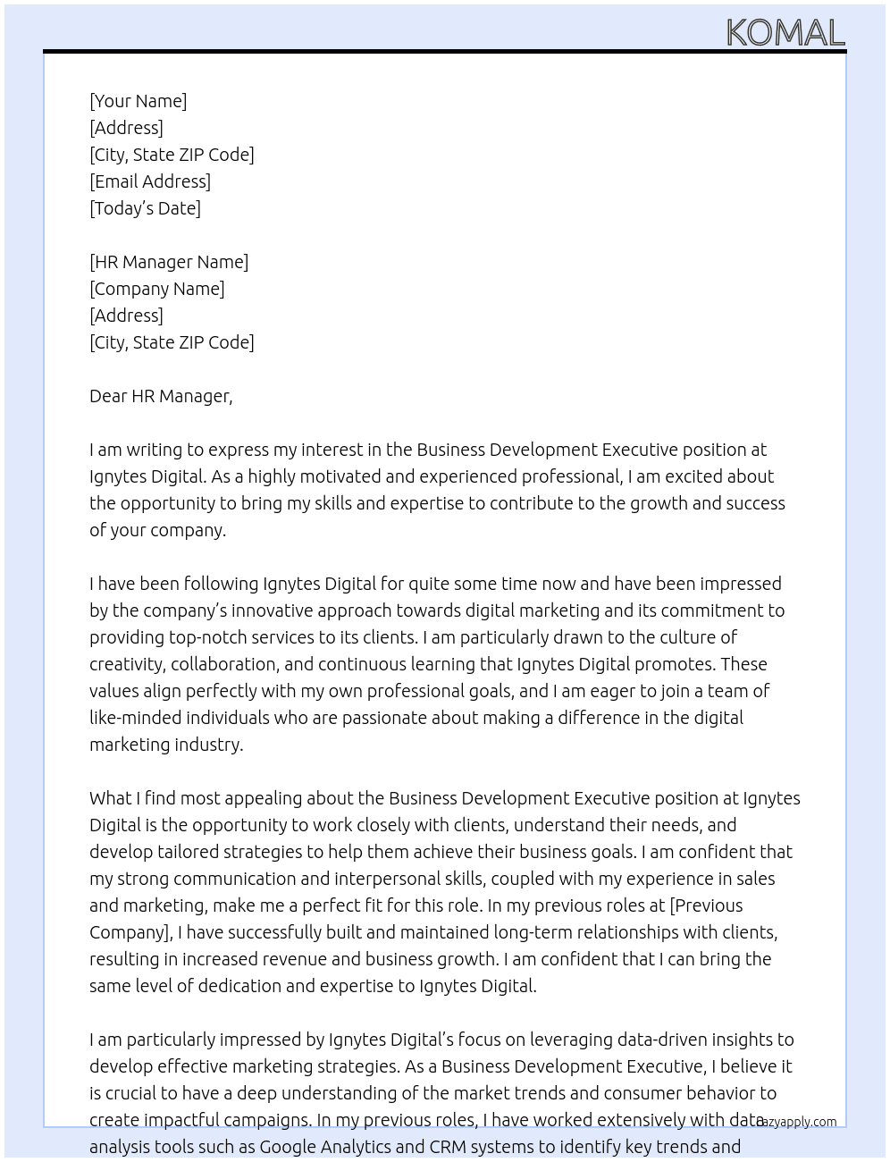 Business Development Executive  At Ignytes Digital  Cover Letter