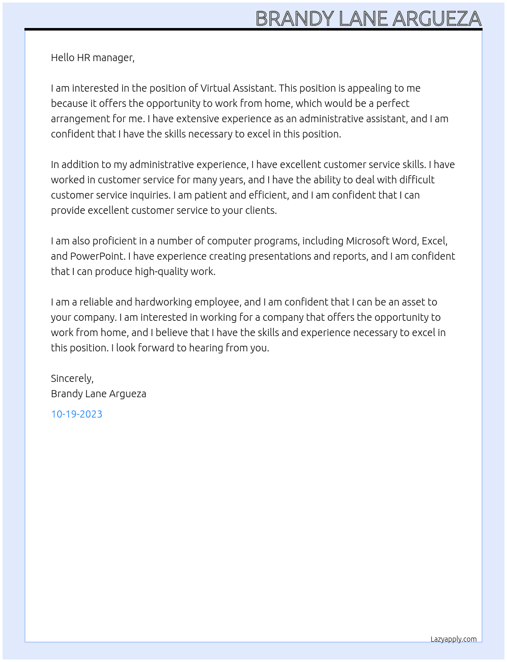 Virtual Assistant At Hiring company/department Cover Letter