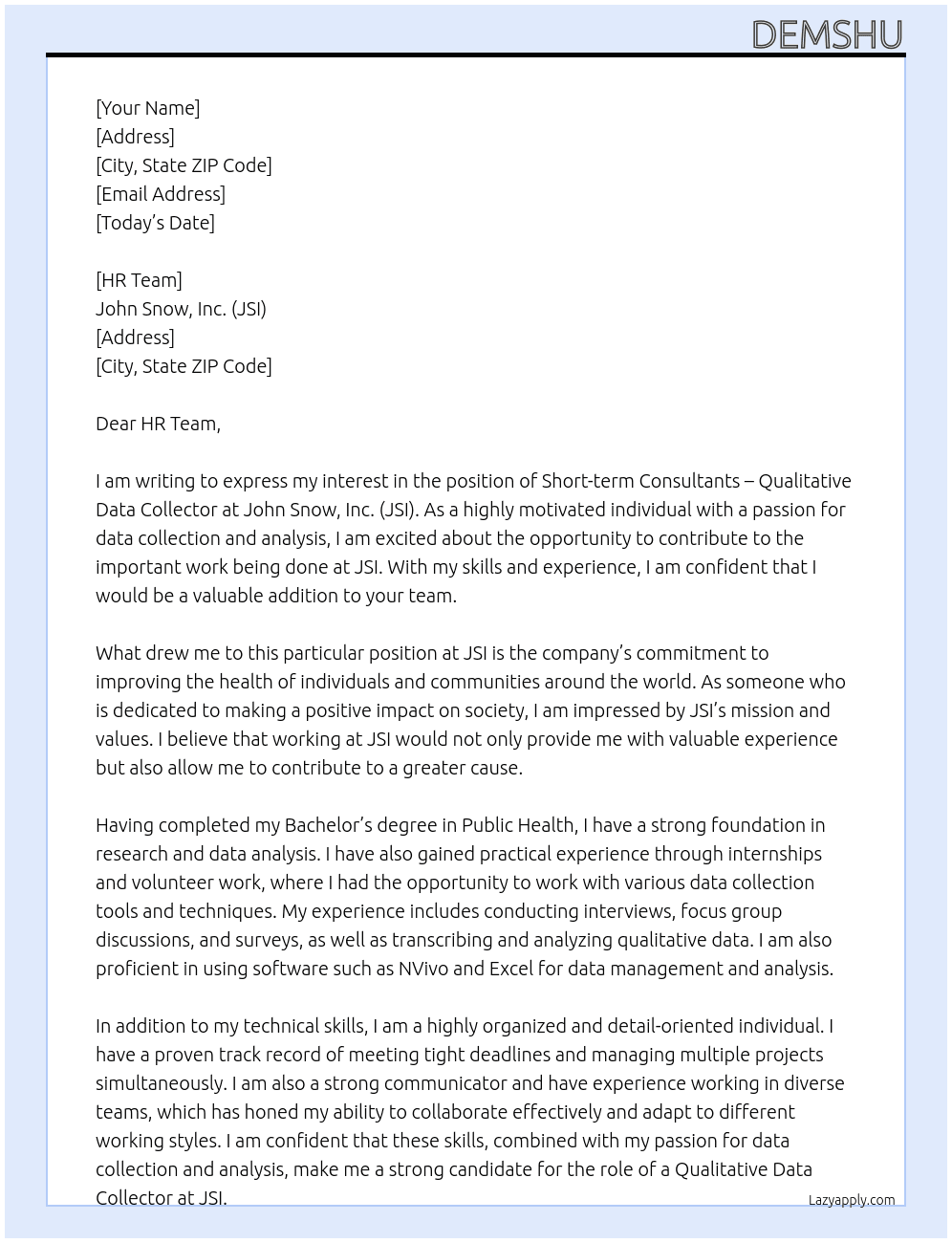 Short-term Consultants – Qualitative Data Collector At John Snow, Inc. (JSI) Cover Letter