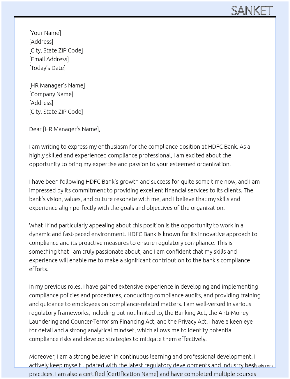 compliance  At HDFC Bank  Cover Letter