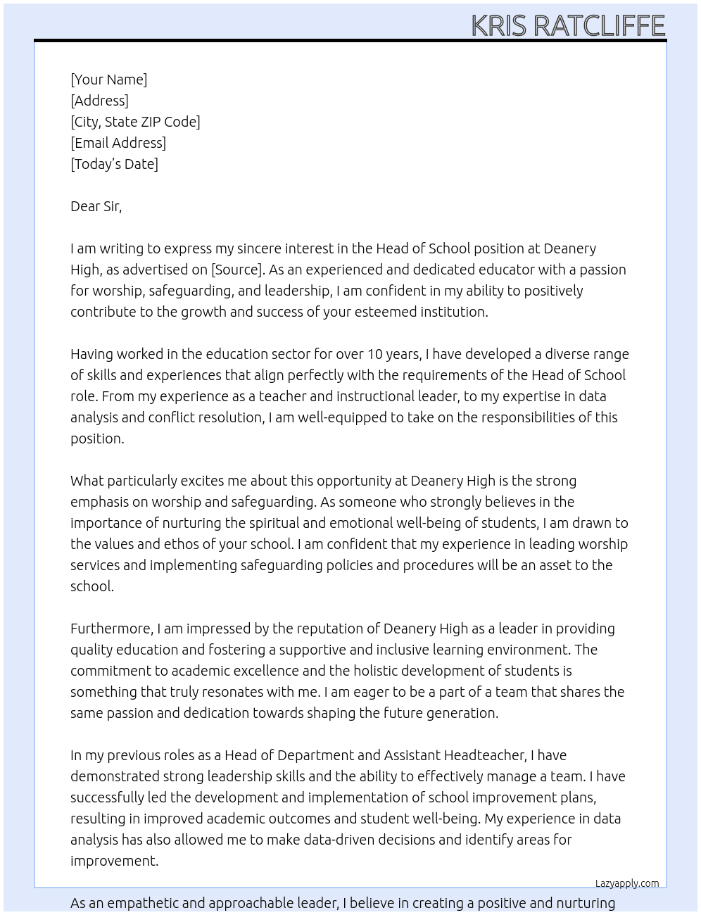 Head of School At Deanery High Cover Letter