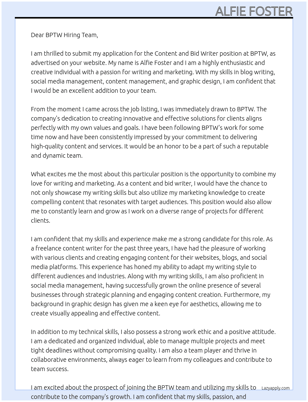 Content and Bid Writer At BPTW Cover Letter