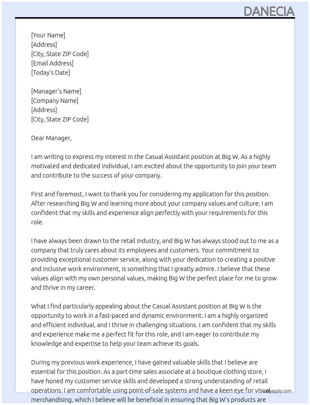 causal assistant  At big w Cover Letter