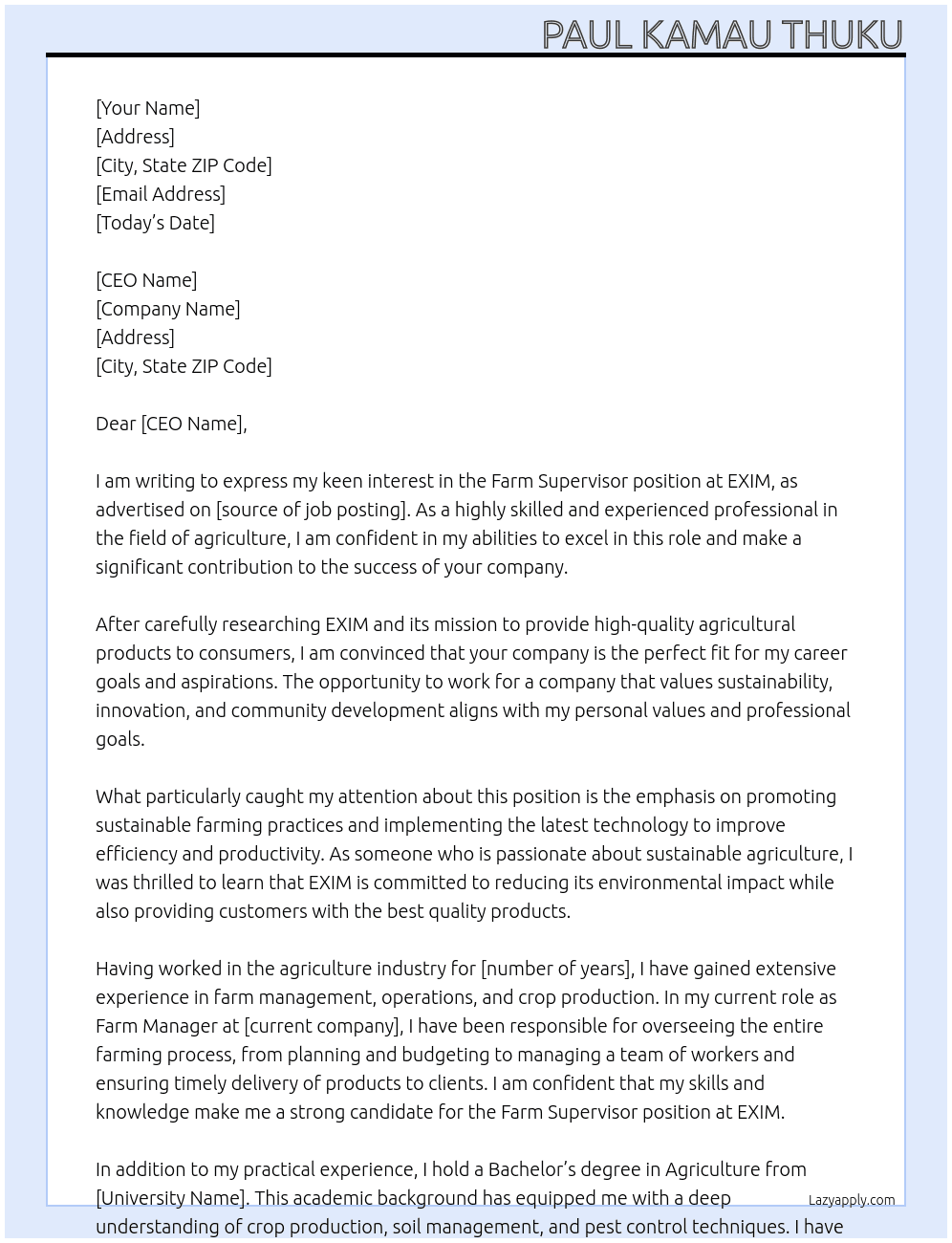 FARM SUPERVISOR At EXIM Cover Letter
