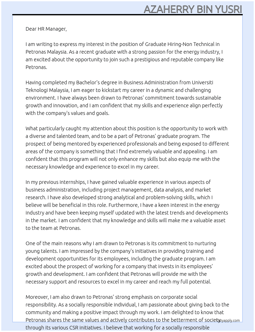 Graduate Hiring-Non Technical At Petronas Malaysia Cover Letter