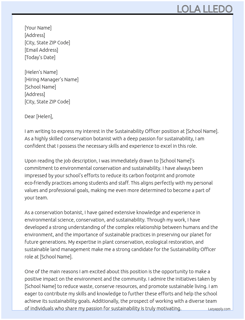 sustainability officer At School Cover Letter
