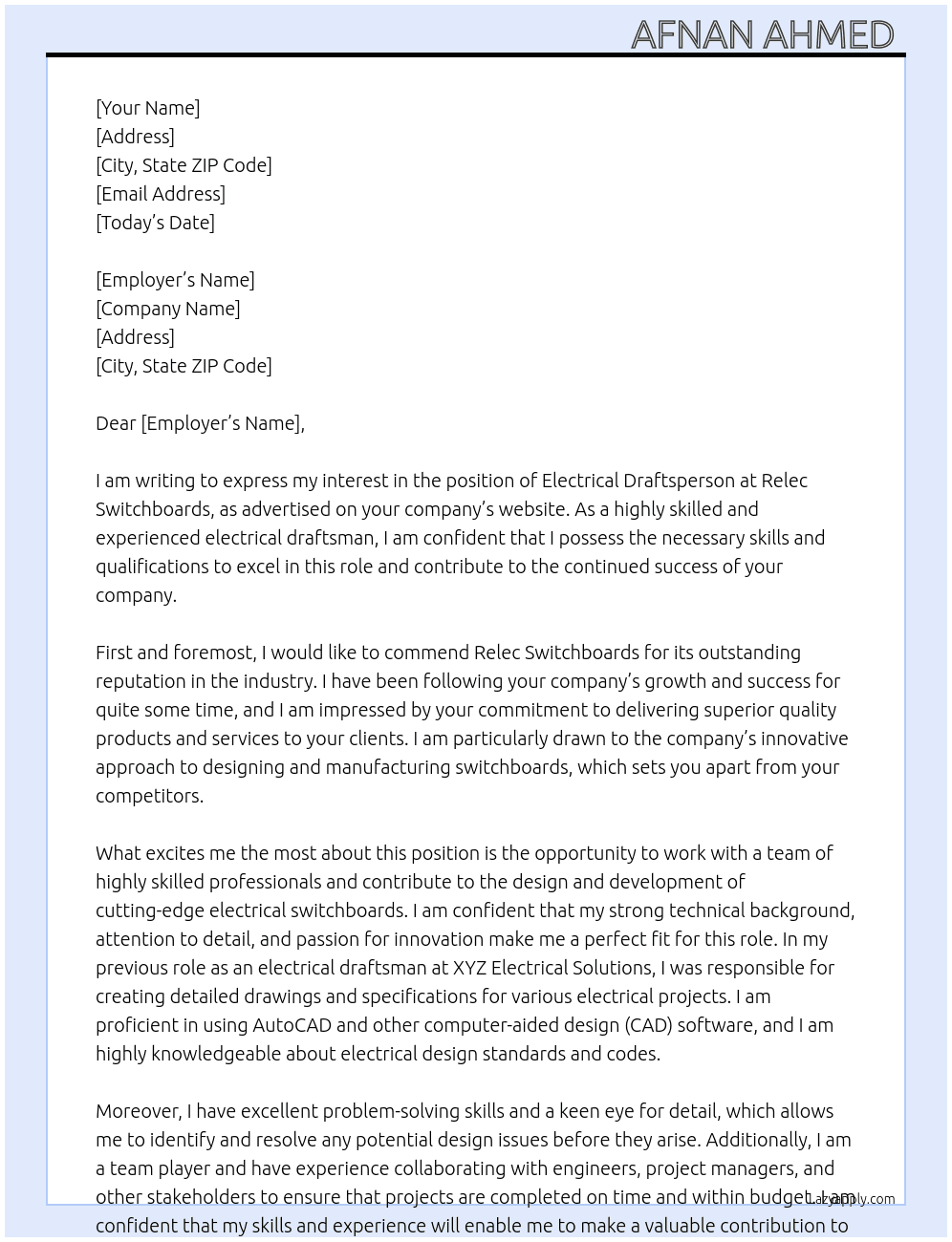ELECTRICAL DRAFTSPERSON At Relec Switchboards Cover Letter