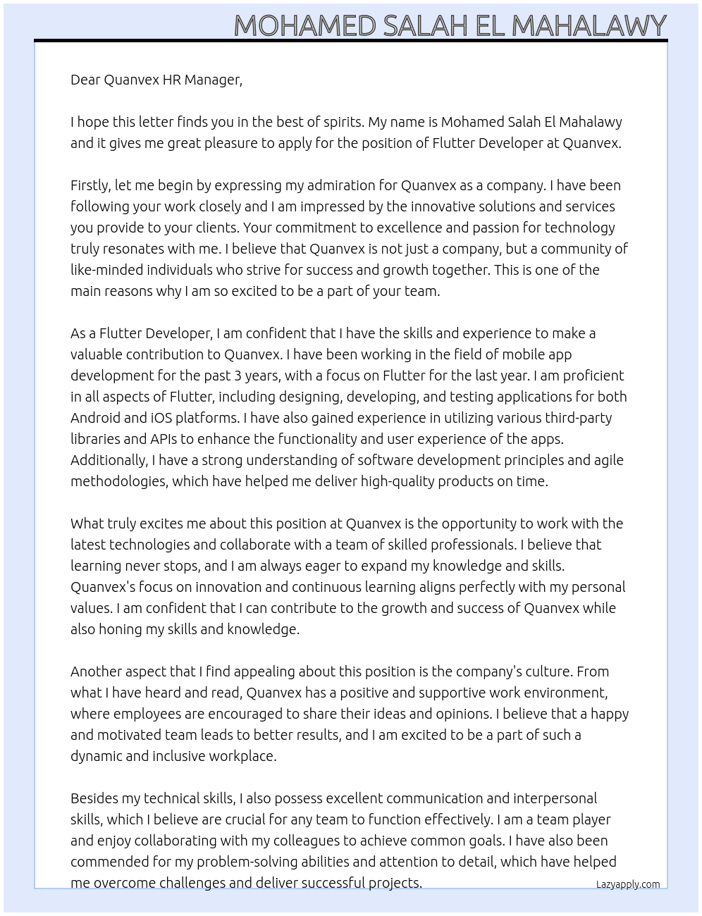 flutter developer At Quanvex Cover Letter