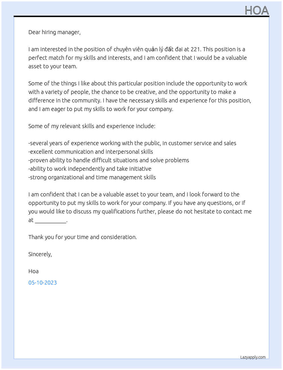 chuyên viên quản lý đất đai At 221 Cover Letter