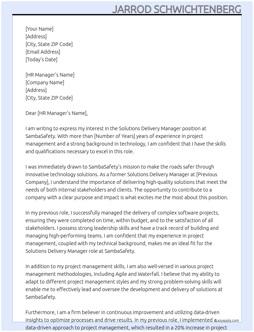 solutions delivery manager At SambaSafety Cover Letter