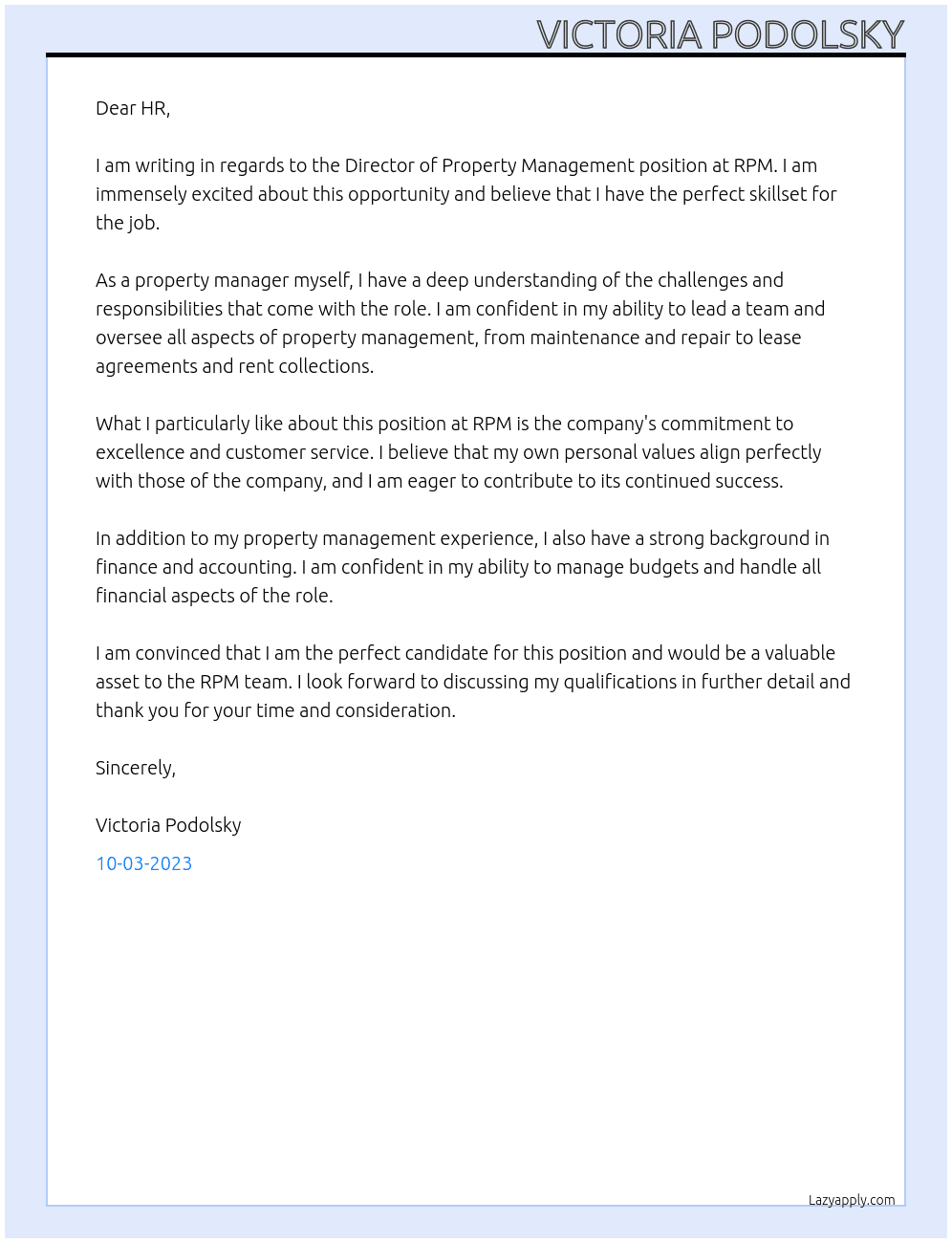 Director of Property Management At RPM Cover Letter