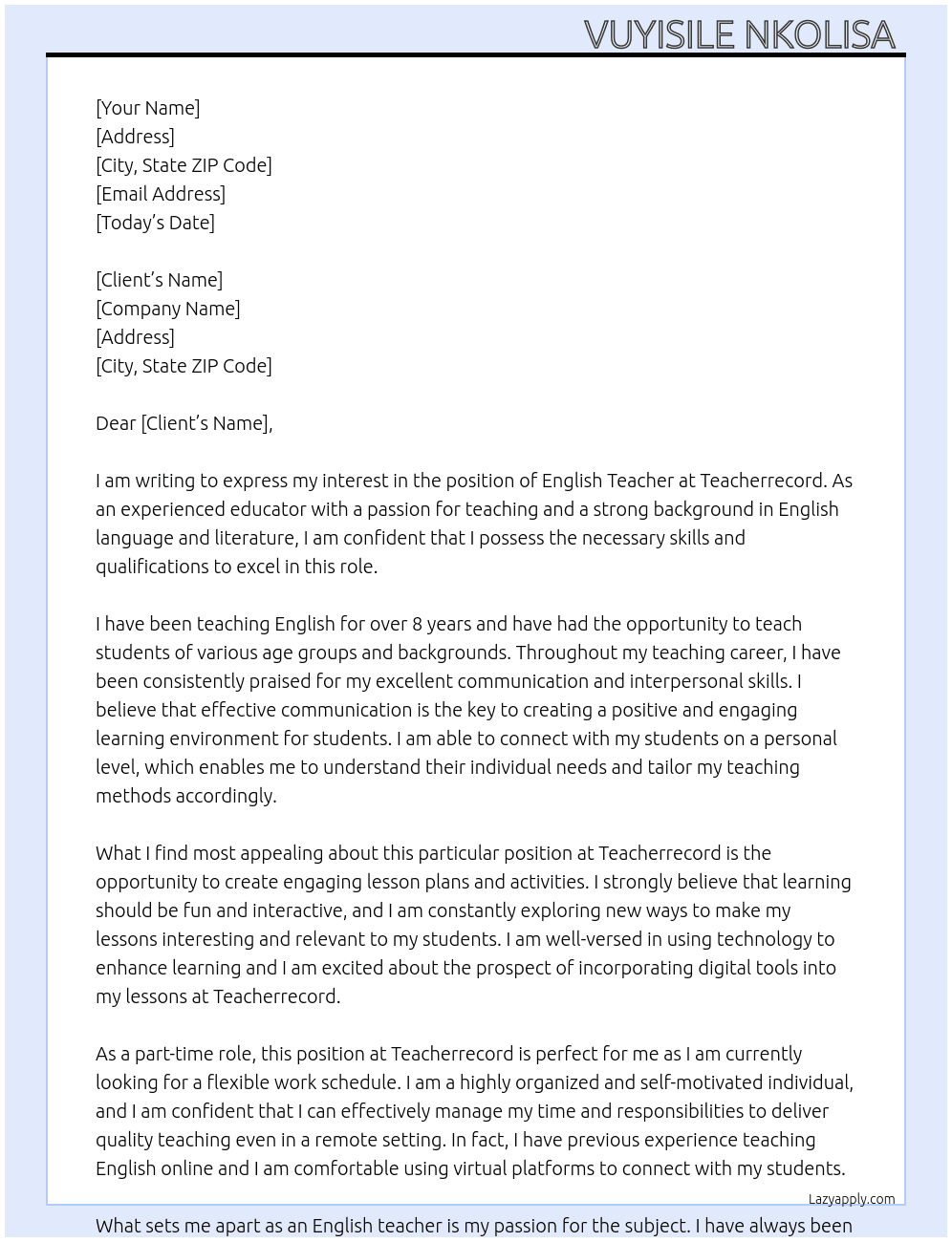 English Teacher At Teacherrecord Cover Letter