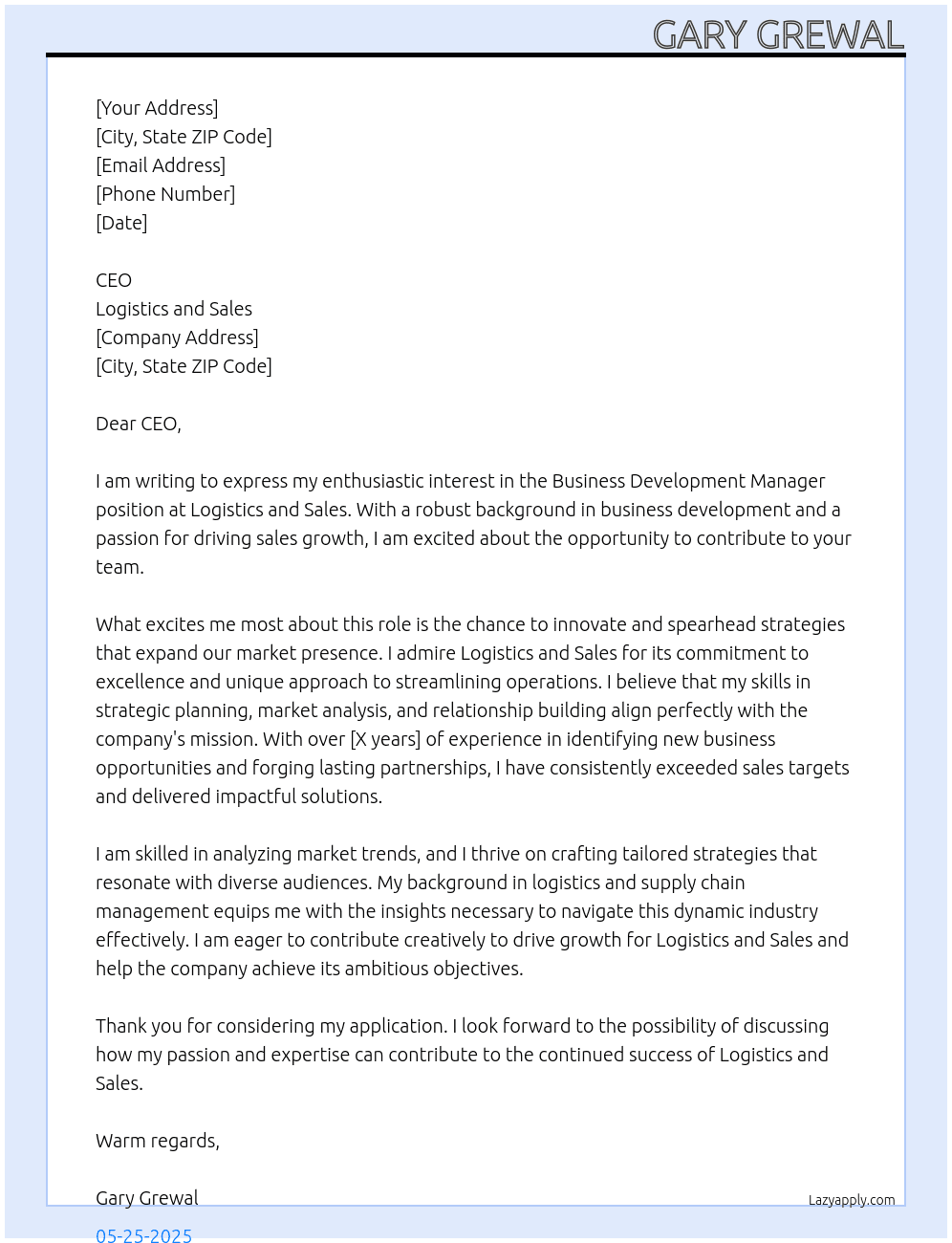 Business Development Manager At logistics and sales Cover Letter