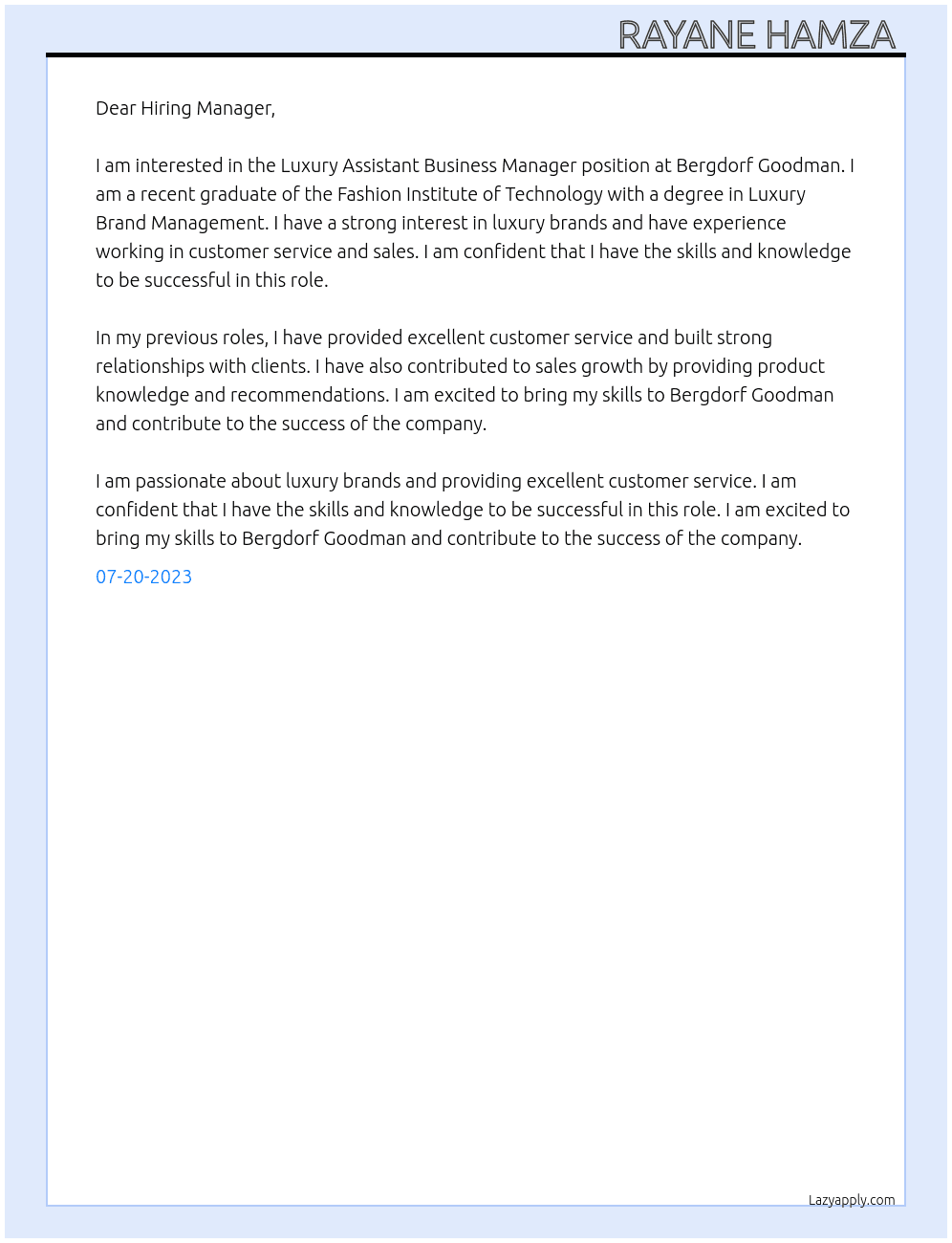 Luxury Assistant Business Manager At Bergdorf Goodman  Cover Letter