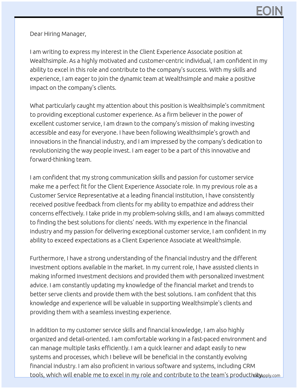 Client Experience Associate At Wealthsimple Cover Letter