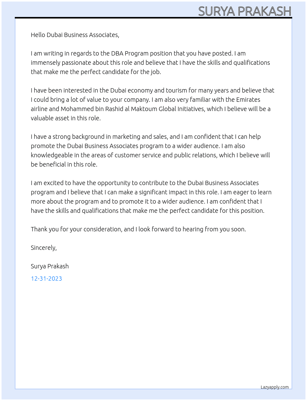 DBA Program  At Dubai Business Associates  Program  Cover Letter